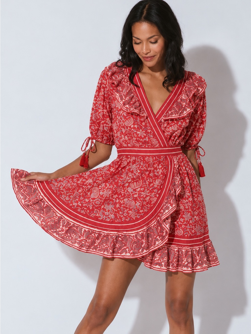 NWT Cleobella Blair Mini Dress Red Floral Tassel Ruffle M